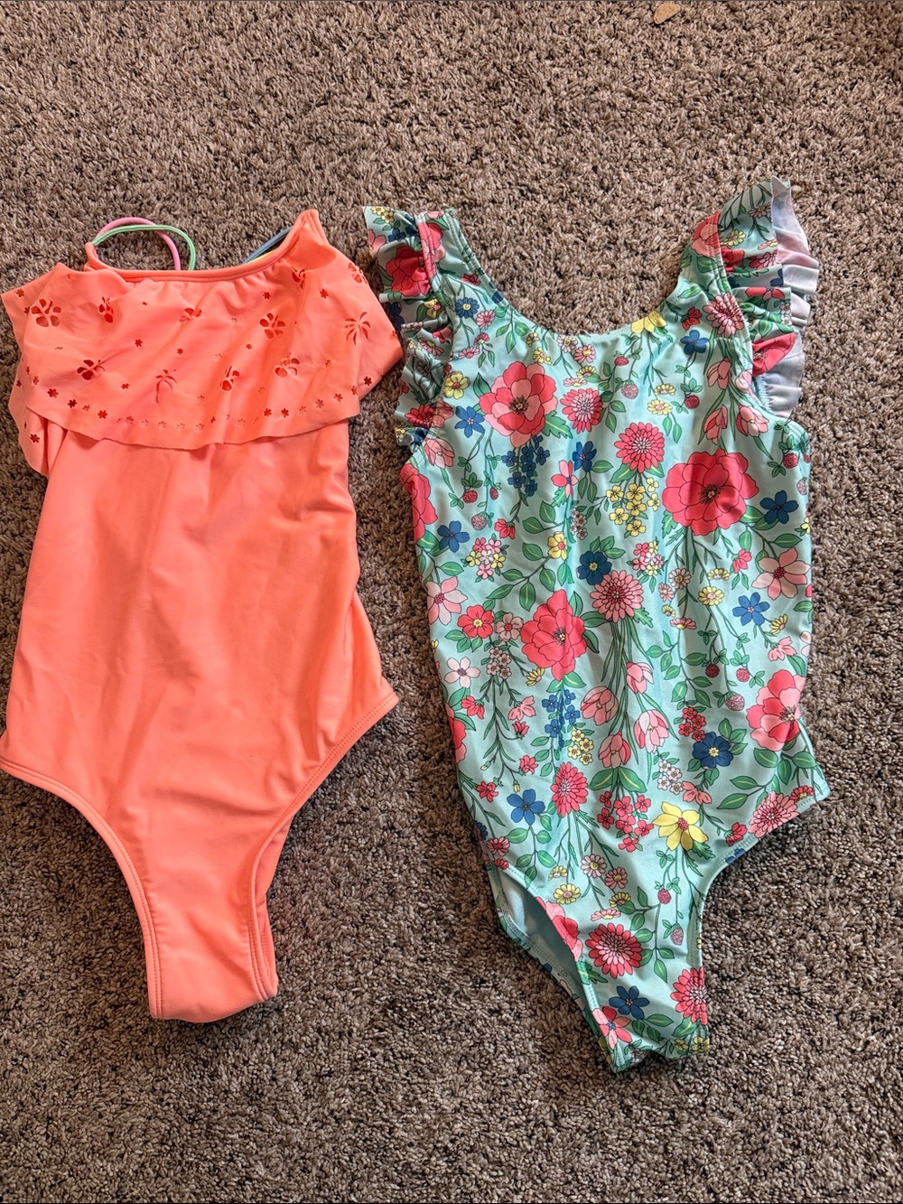 2-suits: Cat & Jack Girls' Coral/Ruffle One-Piece Floral Swimsuits